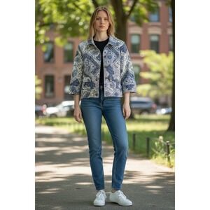 Coldwater Creek Jacket Women's 8 Small Blue White Floral Patchwork